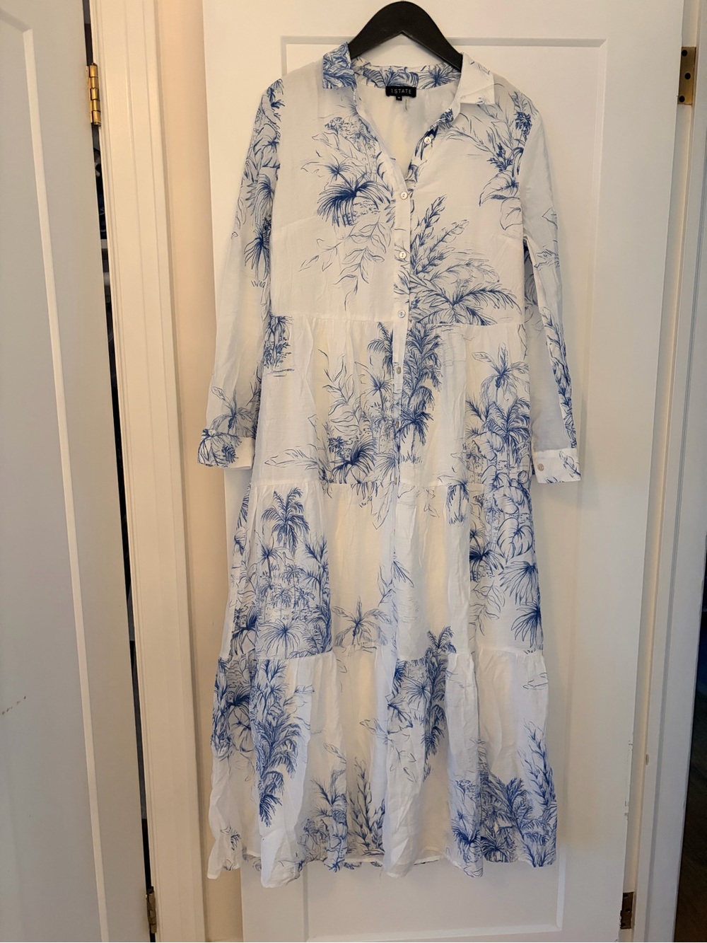 1. State White Maxi Dress with Blue Botanical Toile
